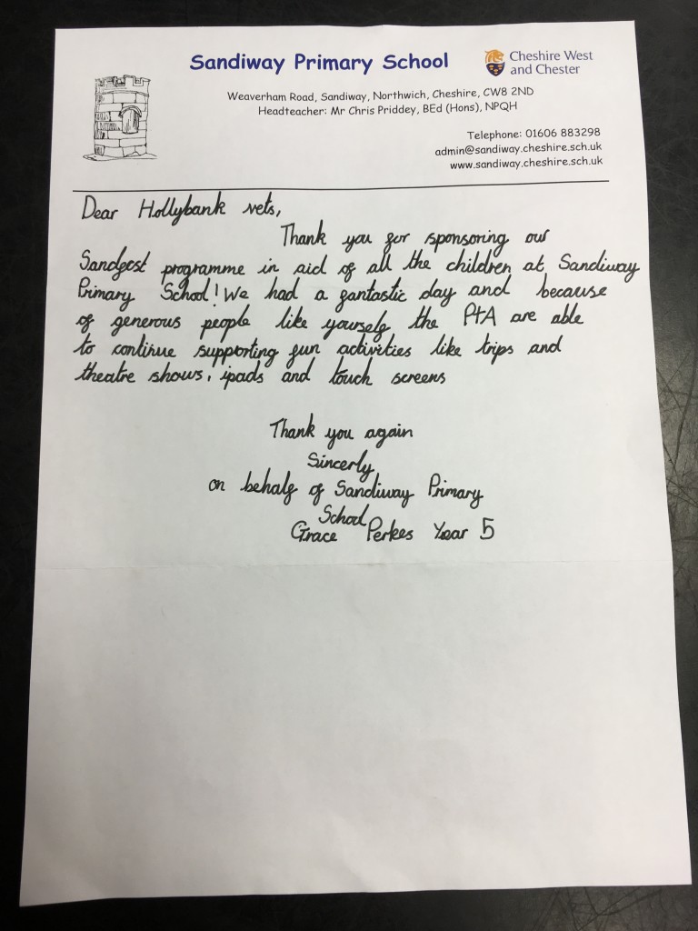 Sandiway school thank you letter